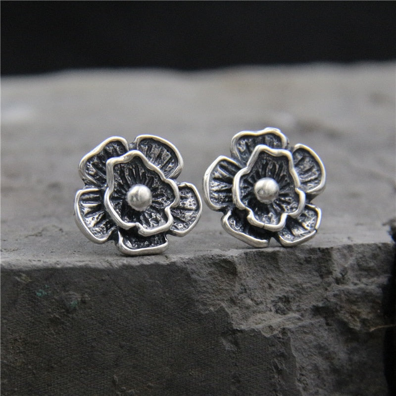 C&R Real 925 Sterling Silver stud earrings for women Female Rose Stud Earrings Black Vintage Thai Silver Fine Jewelry
