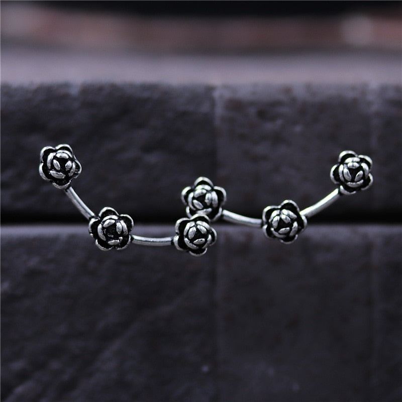 C&R Real 925 Sterling Silver stud earrings for women Retro Camellia simple girls vintage black Thai Silver Fine Jewelry