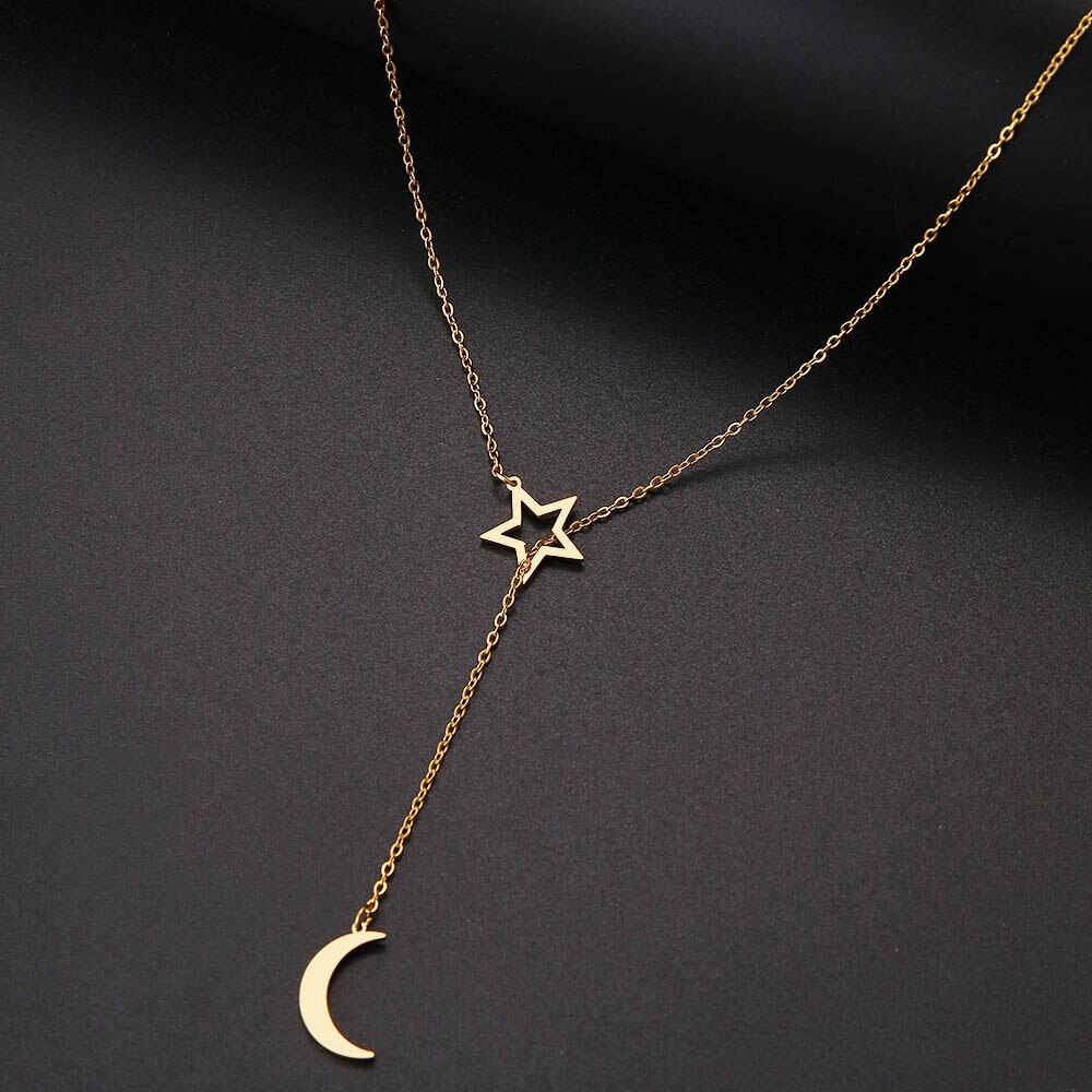 CACANA Long Pendant Moon And Hollow Star Necklaces Pendants For Women  Simple Design Necklace Stylish Stainless Steel Jewelry