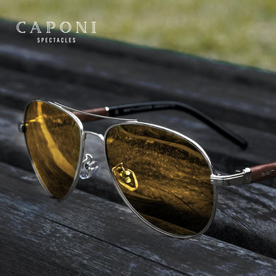 CAPONI 2022 Safety Driving Sunglasses Men Day And Night Vision Pochromic Sun Glsses For Business Man Wooden Frames BSYS409
