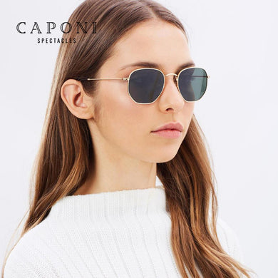 CAPONI Classic Reflective Sunglasses Women Hexagon Retro Sun Glasses Gold Metal Frame Eyewear UV Protect Shades For Girls CP1081
