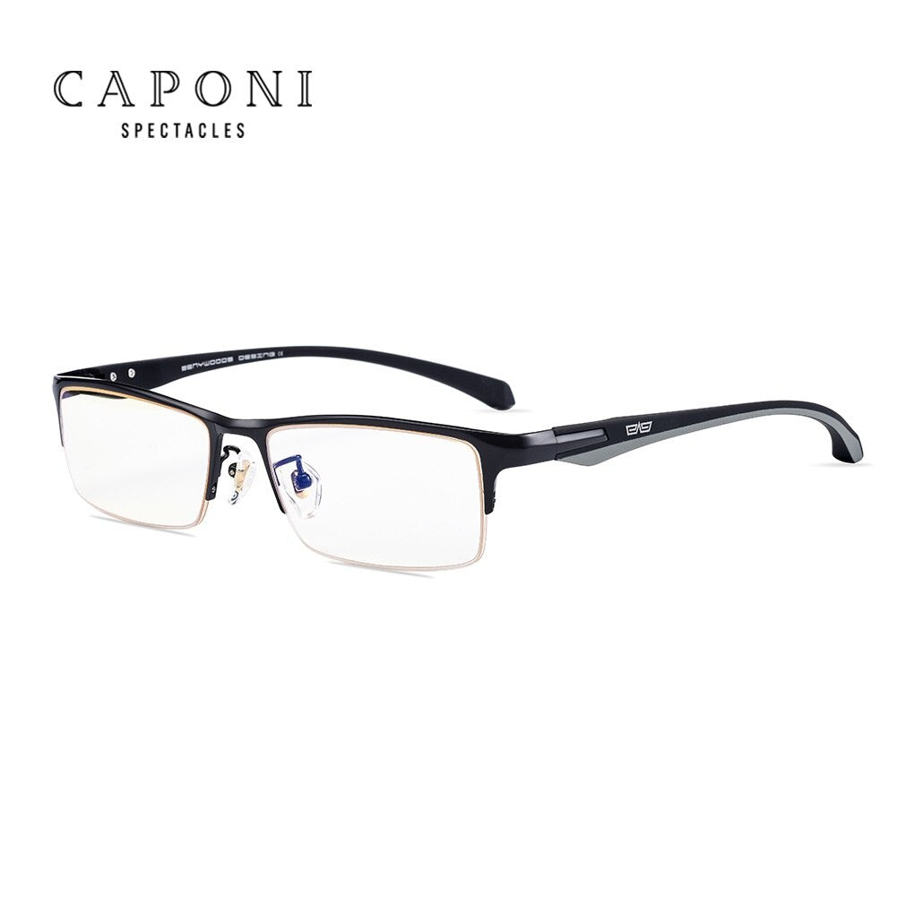 CAPONI Men Business Eyewear Square Metal Frame Glasses Soft TR-90 Arms Blue Light Blocking Computer Eyeglasses For Male JF6103