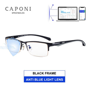 CAPONI Men Business Eyewear Square Metal Frame Glasses Soft TR-90 Arms Blue Light Blocking Computer Eyeglasses For Male JF6103