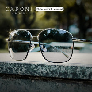 CAPONI Polarized Square Sunglasses Men Classic Brand Designer Eyewear Vintage  Pochromic Sun Glasses Day Night BS8174