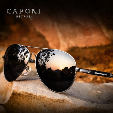 CAPONI Polarized Sun Glasses For Men Pilot Avation Classic Brand Designer Sunglasses Glass Material Black Shades For Male CP9812