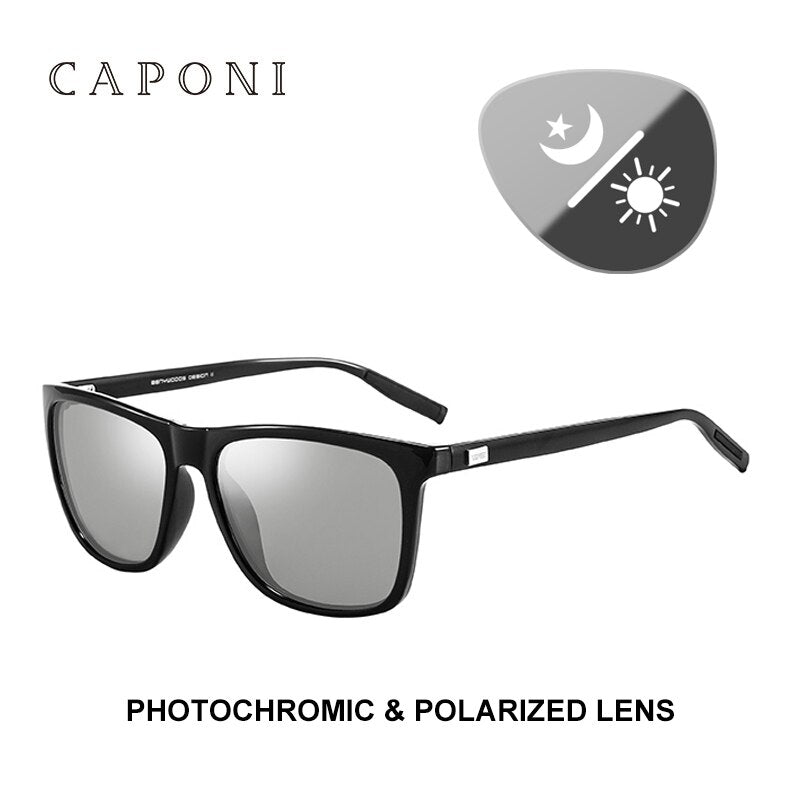 CAPONI Polarized Sunglasses Men Photochromic Clear Vision Eye Glasses 100% UV Protect Square Driving Sun Glasses For Men BS387
