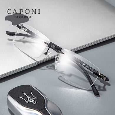 CAPONI Rimless Glasses Frame Men Clear Computer Eyeglasses TR-90 Material Frame Anti Harmful Blue Light Glasses For Male JF9228
