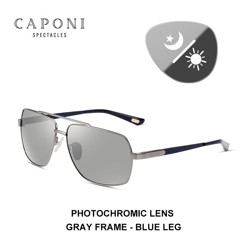 CAPONIPhotochromic Sun Glasses Polarized Brand  Square Men's Sunglasses Classic Double Bridge Driving Sun Shade For Men BS8002