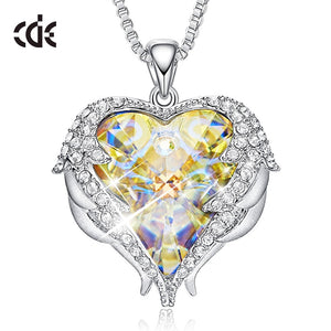 Women Silver Color Necklace Embellished with Crystals from Swarovski Necklace Angel Wings Heart Pendant Valentines Gift