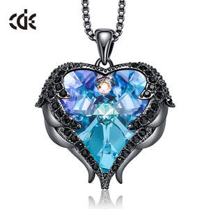 Women Silver Color Necklace Embellished with Crystals from Swarovski Necklace Angel Wings Heart Pendant Valentines Gift