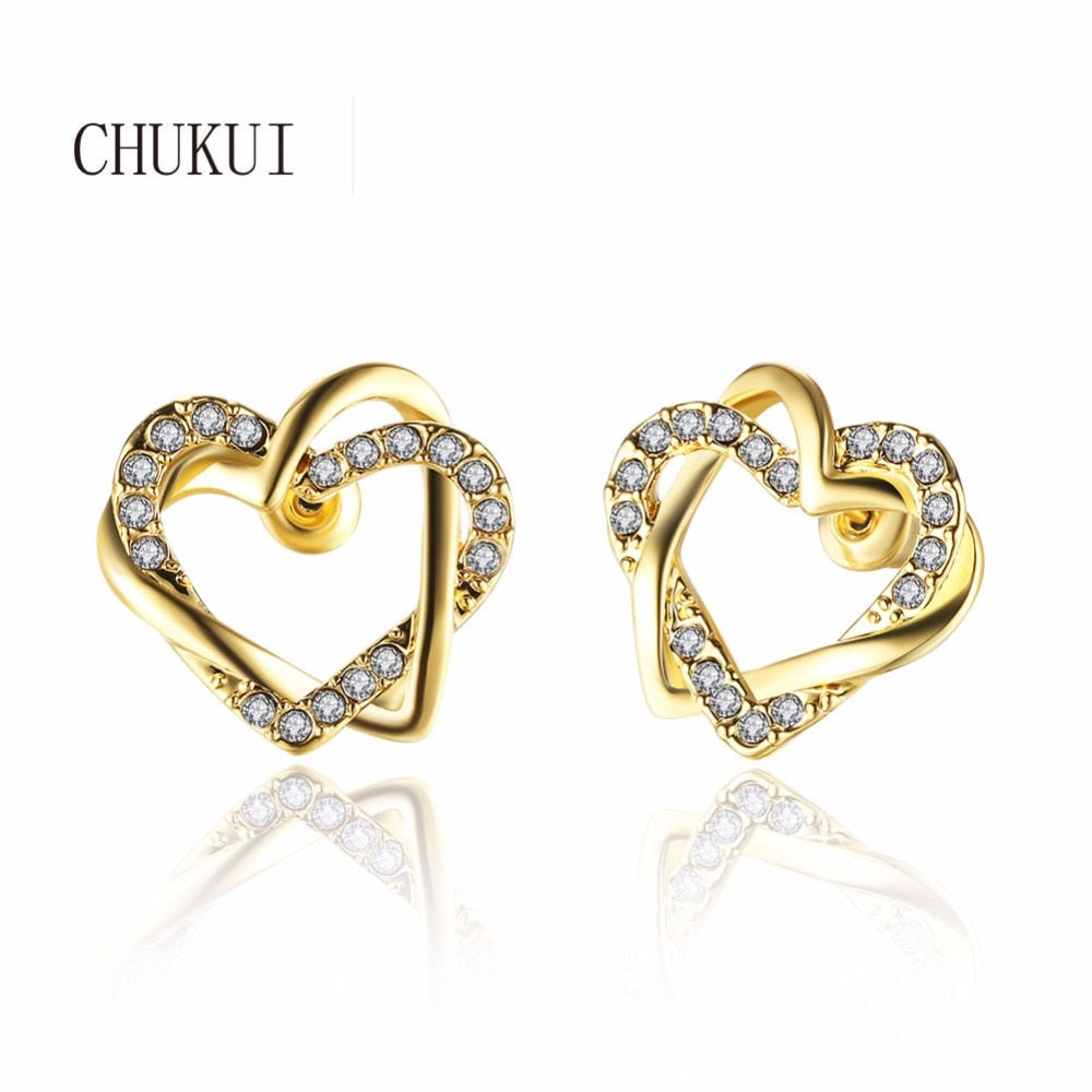 Gold Rhinestone Heart Earrings Stud Female Fancy Korean Style Cute Crystal Double Heart Shaped Stud Earing 2018