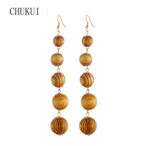 Long Wood Drop Earrings Women Wood Ball Dangle Earings Handmade Ethnic Round Wooden Bead Earing Kolczyki 2018