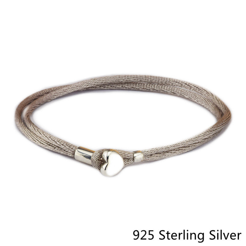 Authentic 925 Sterling Silver Jewelry Fabric Cord Bracelet, Grey Green Fashion For European Beads And Charms