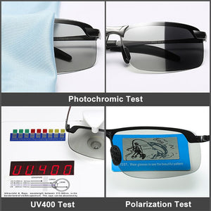 CLLOIO Photochromic Sunglasses Men Polarized Metal Rimless Day and Night Driving Glasses Chameleon Anti-Glare Fishing Sunglasses