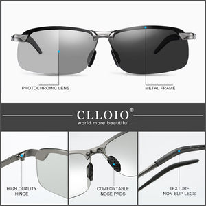 CLLOIO Photochromic Sunglasses Men Polarized Metal Rimless Day and Night Driving Glasses Chameleon Anti-Glare Fishing Sunglasses
