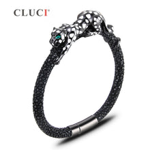 Carica l'immagine nel visualizzatore di Gallery, 925 Sterling Silver leopard Bracelet with magnetic buckle Father's D Gift Real Leather Bracelet Statement Party Jewelry
