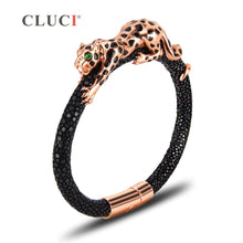 Carica l'immagine nel visualizzatore di Gallery, 925 Sterling Silver leopard Bracelet with magnetic buckle Father's D Gift Real Leather Bracelet Statement Party Jewelry