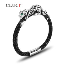 Carica l'immagine nel visualizzatore di Gallery, 925 Sterling Silver leopard Bracelet with magnetic buckle Father's D Gift Real Leather Bracelet Statement Party Jewelry