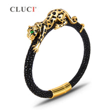 Carica l'immagine nel visualizzatore di Gallery, 925 Sterling Silver leopard Bracelet with magnetic buckle Father's D Gift Real Leather Bracelet Statement Party Jewelry