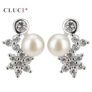 Elegant Flower Stud Earrings for female 7 colors Pearls to choose Clear Zircons 925 Silver Cute Engagement Gift Jewelry