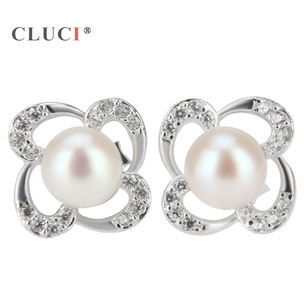Lovely Style Flower Earrings Colourful Pearls Stud Earrings for Girl Clear Zircons 925 Silver Bridal Wedding Party Jewelry