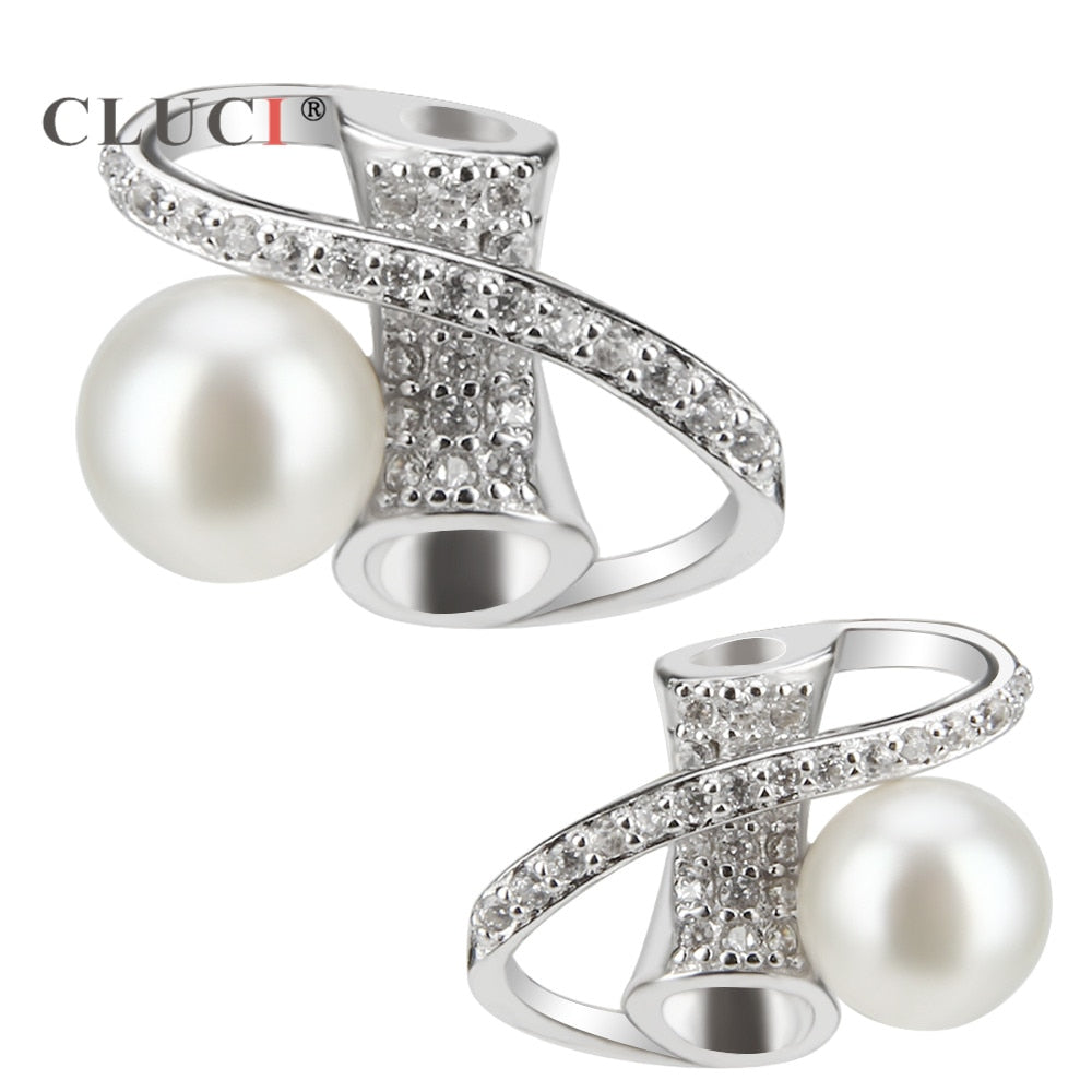 geometric design Stud Earrings for female 7 colors Pearls to choose Clear Zircons 925 Silver personality Jewelry