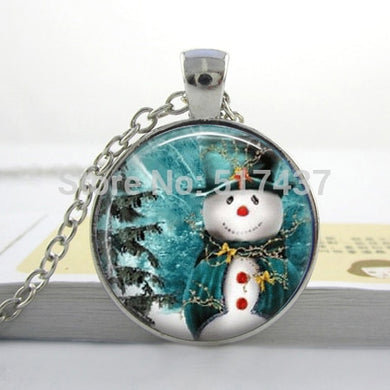 CR33-Snowman and tree Christmas Necklace glass dome cabochon 25mm Snowman Jewelry for X-MAS Gifts