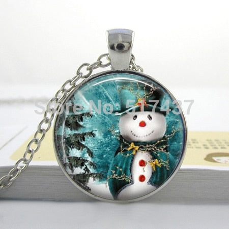 CR33-Snowman and tree Christmas Necklace glass dome cabochon 25mm Snowman Jewelry for X-MAS Gifts