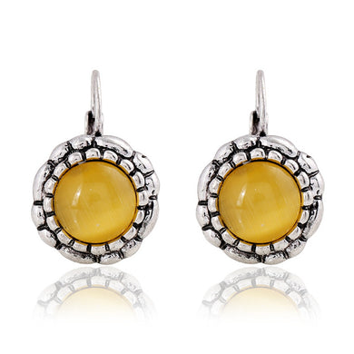 Yellow Opal Earrings French Style European Vintage Earrings for Women Antique Silver Back Retro Stud Earring Dropshipping