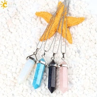 Real Raw Pink Purple Gem Crystal Necklace Hexagonal Bullet Reiki Chakra Natural Stone Necklace Pendant Women Jewelry E056