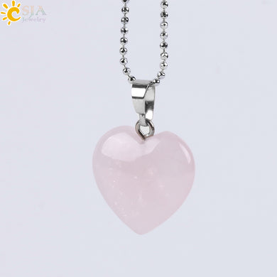 CSJA Natural Gem Stone Love Heart Necklaces & Pendant for Lover Pink Quartz Lapis Lazuli White Crystal Onyx Healing Jewelry E594