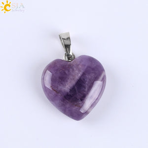 CSJA Natural Gem Stone Love Heart Necklaces & Pendant for Lover Pink Quartz Lapis Lazuli White Crystal Onyx Healing Jewelry E594