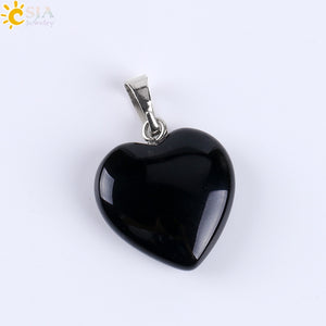 CSJA Natural Gem Stone Love Heart Necklaces & Pendant for Lover Pink Quartz Lapis Lazuli White Crystal Onyx Healing Jewelry E594