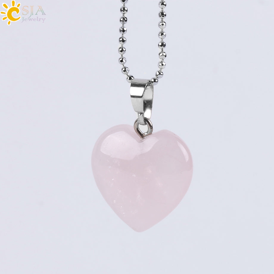 CSJA Natural Gem Stone Love Heart Necklaces & Pendant for Lover Pink Quartz Lapis Lazuli White Crystal Onyx Healing Jewelry E594