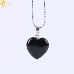 CSJA Natural Gem Stone Love Heart Necklaces & Pendant for Lover Pink Quartz Lapis Lazuli White Crystal Onyx Healing Jewelry E594