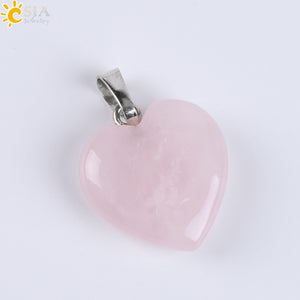 CSJA Natural Gem Stone Love Heart Necklaces & Pendant for Lover Pink Quartz Lapis Lazuli White Crystal Onyx Healing Jewelry E594