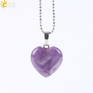 CSJA Natural Gem Stone Love Heart Necklaces & Pendant for Lover Pink Quartz Lapis Lazuli White Crystal Onyx Healing Jewelry E594