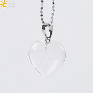CSJA Natural Gem Stone Love Heart Necklaces & Pendant for Lover Pink Quartz Lapis Lazuli White Crystal Onyx Healing Jewelry E594