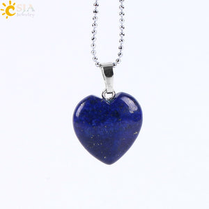 CSJA Natural Gem Stone Love Heart Necklaces & Pendant for Lover Pink Quartz Lapis Lazuli White Crystal Onyx Healing Jewelry E594