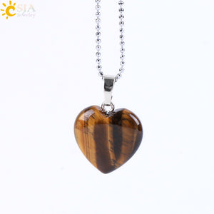 CSJA Natural Gem Stone Love Heart Necklaces & Pendant for Lover Pink Quartz Lapis Lazuli White Crystal Onyx Healing Jewelry E594