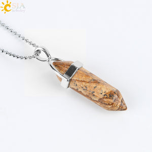 Real Raw Pink Purple Gem Crystal Necklace Hexagonal Bullet Reiki Chakra Natural Stone Necklace Pendant Women Jewelry E056