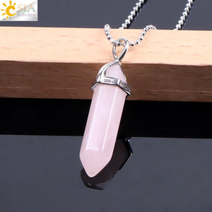 Real Raw Pink Purple Gem Crystal Necklace Hexagonal Bullet Reiki Chakra Natural Stone Necklace Pendant Women Jewelry E056