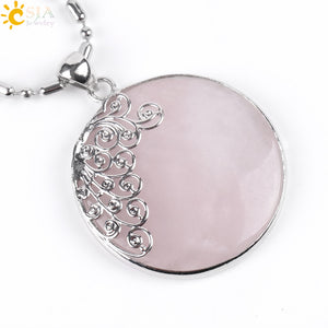 CSJA Reiki Natural Big Round Gem Stone Bead Pink Quartz Necklaces Pendants Flower Charm Women Girl Crystal Bohemian Jewelry E797