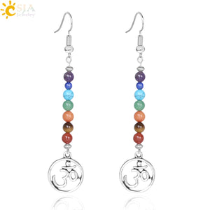 CSJA Vintage 7 Chakra 3D Long Fringed Statement Drop Earrings for Women Natural Stones Round Beads Reiki Healing Jewelry E708