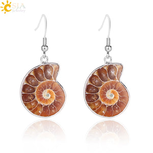 CSJA Women Gift Natural Snail Ammonite Spiral Whorl Conch Shell Fossils Nature Color Animal Pendant Dangle Hook Earring E105