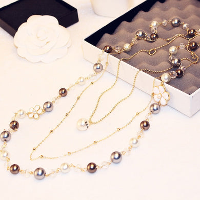 Brand Long Pearl Camellia Flower Pendant Necklace For Women High Qulaity Gold Chain Double Layers Fashion Necklace