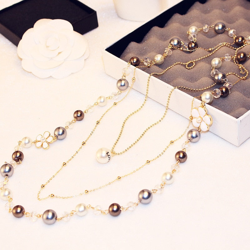 Brand Long Pearl Camellia Flower Pendant Necklace For Women High Qulaity Gold Chain Double Layers Fashion Necklace