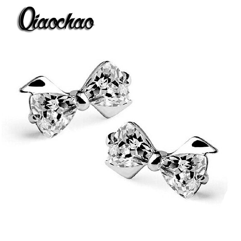 CZ Dangle Heart Stud Earrings for Women Romantic Silver Color Rhodium Plated Brincos Wedding Jewelry E332