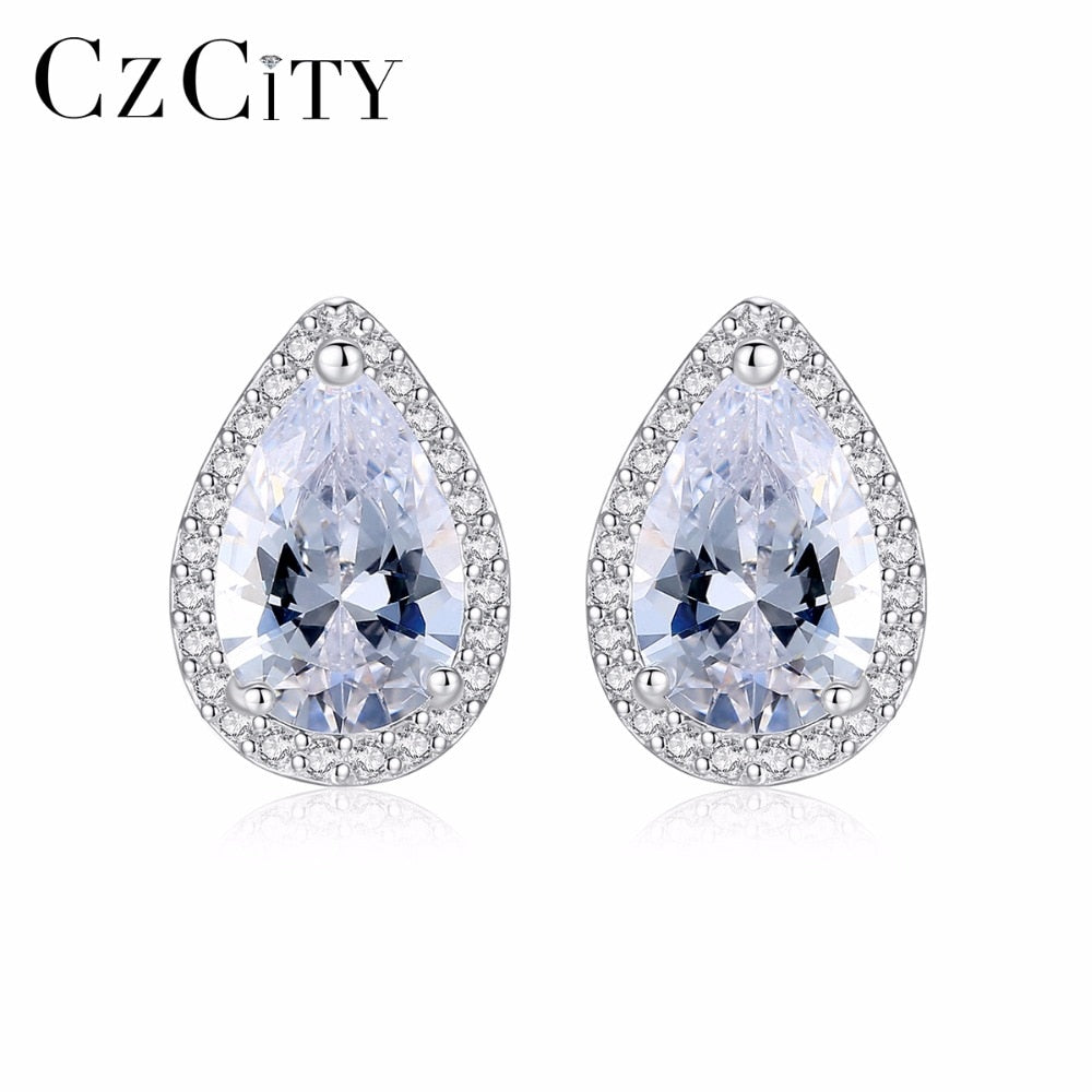 Brand S925 Sterling Silver White/ Yellow Zircon Main Stone Wedding Stud Earrings for Women Girl Fine Engagement Jewelry