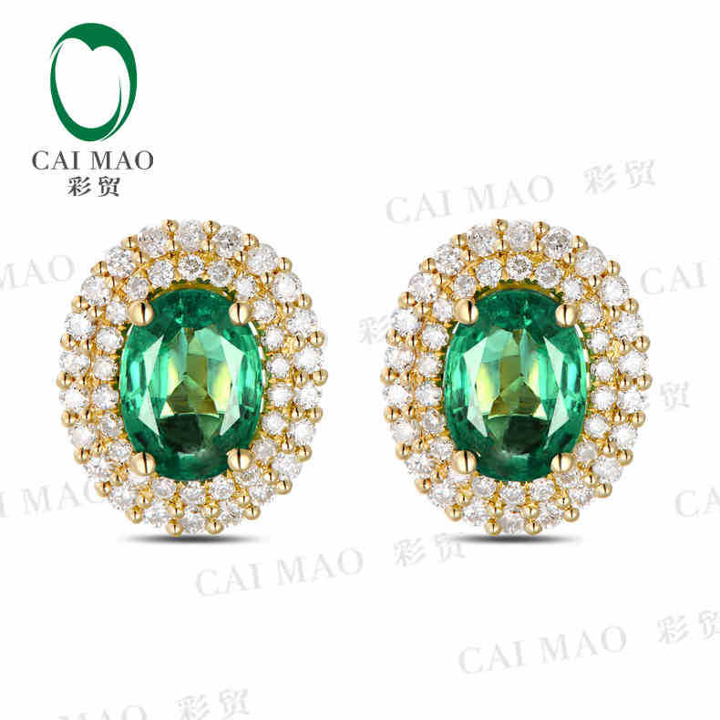 1.38 ct Natural Emerald 18KT/750 Yellow Gold 0.49 ct Full Cut Diamond Stud Earrings Jewelry Gemstone